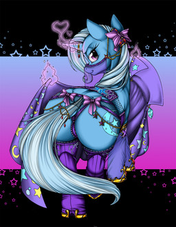 butt cape clothed clothing cutie_mark female feral glowing harem harem_outfit heart_symbol horn jewelry lingerie magic ribbons solo star longinius friendship_is_magic hasbro my_little_pony mythology trixie_(mlp) equid equine mammal mythological_creature mythological_equine unicorn hi_res