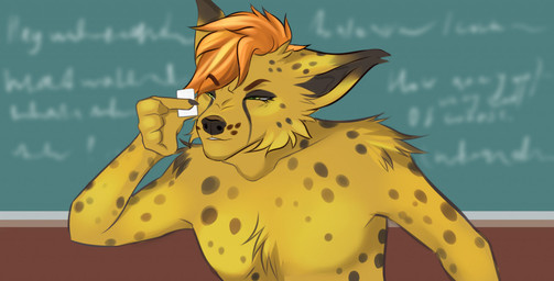 anthro black_spots chalkboard fur green_eyes hair male narrowed_eyes orange_hair paper reading solo spots squint squinted_eyes yellow_body yellow_fur roxy-artist community_(series) dommi_chox_(domizoni) canid canine cheetah felid feline fox hybrid mammal 2021 digital_media_(artwork) meme