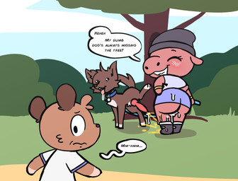 after_sex animal_genitalia animal_penis anthro bestiality big_butt biped black_clothing black_eyes black_footwear black_hair black_nose blush blush_lines bodily_fluids bottomwear bracelet brown_body brown_fur butt canine_genitalia canine_penis clothed clothing collar countershade_fur countershade_torso countershading cum dialogue drooling erection eyebrows eyes_closed female feral footwear fur genital_fluids genitals grass grin group hair head_tuft holding_leash holding_object jewelry knot leaking_cum leash leashed_collar looking_away male multicolored_body open_mouth peeing peeing_on_another peeing_on_leg peeing_outside peeing_with_leg_up penis pink_body pink_skin plant public public_exposure quadruped saliva shirt short_tail shrub skirt smile speech_bubble tail text tongue tongue_out topwear tree trio tuft two_tone_body urine urine_on_leg watersports white_body white_clothing white_countershading white_shirt white_topwear not_a_furfag canid canine canis common_hippopotamus domestic_dog hippopotamid mammal 2026 english_text hi_res