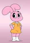 anthro big_ears big_eyes brown_nose clothing dress eyebrows eyelashes female footwear frown fur hands_on_hips long_ears orange_clothing orange_dress pink_background pink_body pink_fur pose raised_eyebrow shoes simple_background solo standing young young_anthro pillothestar cartoon_network the_amazing_world_of_gumball anais_watterson lagomorph leporid mammal rabbit hi_res pinup