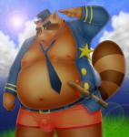 anthro barazoku belly brown_body brown_fur fur male moobs nipples overweight overweight_anthro overweight_male police solo mumimushu5 alice_detective_bureau inspector_arai mammal procyonid raccoon 2011