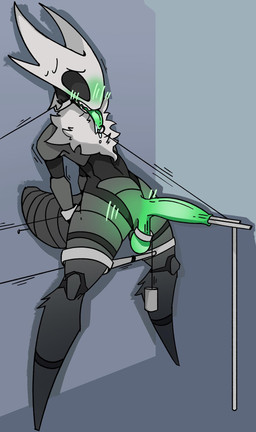anthro arms_tied arthropod_abdomen ball_ring ball_stretcher bdsm black_body black_eyes blush bodily_fluids bound drooling genital_torture genitals green_blush green_penis green_tongue grey_background leash legs_tied male neck_tuft no_pupils object_in_urethra penetration penis piercing restraints saliva simple_background solo sounding_rod spreader_bar sweat sweatdrop tongue tongue_out tongue_piercing tuft urethral urethral_penetration white_mask hallowed_knight_34 hollow_knight_(franchise) team_cherry bandit_(hallowed_knight_34) arthropod vessel_(species) hi_res