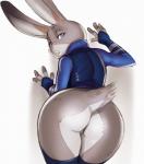 2017 against_surface against_wall anthro big_butt bottomless butt clothed clothing costume digital_media_(artwork) disney female fur grey_body grey_fur judy_hopps lagomorph legwear leporid looking_at_viewer looking_back mammal open_mouth police police_uniform portrait purple_eyes rabbit rear_view rhodesio shirt simple_background slim solo stockings three-quarter_portrait topwear uniform white_background wide_hips zootopia