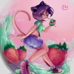 anthro bell bell_collar black_nose blue_eyes bottomwear breasts butt clothing collar drinking female food footwear fruit gesture hair hand_gesture juice_box kiwifruit plant purple_hair shirt shoes shorts solo strawberry topwear v_sign hawtmoon chimiko domestic_cat felid feline felis mammal 1:1 2019 hi_res