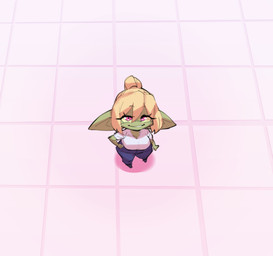 big_breasts big_ears blonde_hair bottomwear breasts clothing eyebrow_through_hair eyebrows eyelashes female floor green_body green_skin grin hair hand_on_hip high-angle_view looking_at_viewer not_furry pants pink_eyes shirt short_hair small_body smile solo standing t-shirt tile tile_floor topwear translucent translucent_hair borvar dangerous_creature_(borvar) goblin humanoid 2022 digital_media_(artwork)