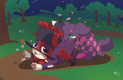 anal ass_up balls blush bodily_fluids bow_ribbon checkerboard_markings clothing duo genitals green_eyes hat headgear headwear heart_symbol looking_pleasured male male/male male_rimming_male night oral outside_sex penis plushie purple_body rimming saliva sex smile smirk spade_tail tail text top_hat wings argon_vile bandai_namco tales_of_(series) tales_of_berseria tales_of_xillia bienfu teepo_(tales_of_xillia) animate_inanimate imp living_plushie normin_malakhim english_text hi_res
