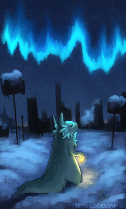 ambiguous_gender aurora_(phenomenon) black_nose breath detailed_background eyes_closed feral fur green_body green_ears green_fur green_tail lamp lantern night outside ruins sky snow solo star starry_sky tail bewilderbark rain_world videocult saint_(rain_world) slugcat 2022 digital_media_(artwork) digital_painting_(artwork) hi_res painting_(artwork) shaded