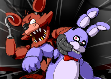 anthro duo eye_patch eyewear hook hook_hand machine pirate pushing 7nulls five_nights_at_freddy's scottgames bonnie_(fnaf) foxy_(fnaf) animatronic canid canine fox lagomorph leporid mammal rabbit robot