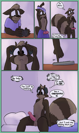 anthro bed clothing electronics erection erection_through_clothing fluffy fluffy_tail furniture headphones headphones_only incestuous_fantasy male masturbation nude penile penile_masturbation solo tail text thought_bubble undressing dirty_bunny tommy_keys mammal procyonid raccoon comic english_text incestuous_temptation_(lore) son_(lore)