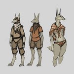 anthro bottomwear breasts clothed clothing digitigrade exposed_breasts female fur grey_background group hat headgear headwear kerchief male nipples pants partially_clothed pattern_clothing shawl shemagh shorts simple_background tan_body tan_fur underwear patecko rhyn_(species) 1:1 concept_art hi_res model_sheet