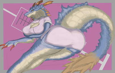 3_fingers anthro anthrofied arms_bent black_sclera blue_body blue_scales border breasts butt butt_focus claws cleavage cleavage_cutout clothed clothed_anthro clothed_female clothing cutout female female_anthro finger_claws fingers grey_border looking_at_viewer medium_breasts mouth_closed multicolored_tail non-mammal_breasts nurse_clothing nurse_uniform pink_clothing pupils purple_background scales simple_background solo spikes spikes_(anatomy) sweatdrop_(iconography) syringe tail tan_body tan_scales thick_tail uniform yellow_eyes shino76 capcom monster_hunter lagiacrus leviathan_(mh) scalie 2025 absurd_res digital_media_(artwork) hi_res portrait shaded soft_shading three-quarter_portrait