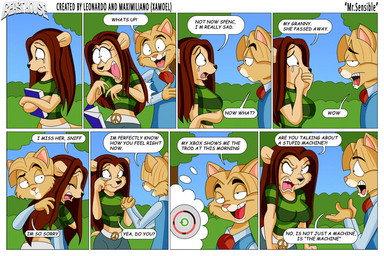 anthro dialogue duo female humor male male/female peace_symbol plant slap spencer_(xamoel) text tree xamoel microsoft xbox xbox_360 xbox_game_studios leonor_(xamoel) felid feline lion mammal pantherine comic english_text