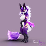 anthro big_ears black_body black_fur claws colored_sclera digitigrade female fluffy fluffy_body fluffy_tail fur fur_markings glowing glowing_eyes gradient heterochromia long_tail markings pawpads paws pose posed purple_background purple_body purple_fur simple_background smile solo standing tail thick_tail white_body white_fur daytia c4d mythology canid canine dragon fox mammal mythological_creature mythological_scalie novabeast scalie 1:1 3d_(artwork) 3d_animation animated cinema_4d_(artwork) detailed digital_media_(artwork) hi_res high_framerate no_sound short_playtime webm