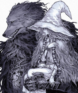accessory armor cloak clothing cracked_skin doll doll_joints duo female from_side fur_cloak gauntlets gloves grey_background hair_accessory hair_ribbon hands_together handwear hat headgear headwear holding_person jewelry male mouth_closed multi_arm multi_limb raised_hand ribbons ring simple_background tress_ribbon tusks weapon witch_hat neji_vuldarak elden_ring fromsoftware blaidd_(elden_ring) ranni_the_witch animate_inanimate canid canine canis living_doll mammal wolf half-length_portrait hi_res portrait