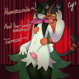 anthro bodily_fluids dripping duo female from_behind_position genital_fluids genitals imminent_sex male male/female narrowed_eyes outercourse penile_spines penis performance precum precum_drip precum_string seductive sex thigh_sex vaginal_fluids vulva cybeeyoru nintendo pokemon felid feline generation_7_pokemon generation_9_pokemon mammal meowscarada pokemon_(species) torracat 1:1 hi_res