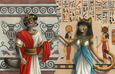 5_fingers anthro black_hair blue_eyes brown_eyes circlet clothed clothing detailed_background dreadlocks dress duo egyptian egyptian_clothing egyptian_headdress female fingers fur hair headdress headgear headwear jewelry kalasiris male necklace pectoral_(jewelry) robe roman seshed_circlet smile tan_body tan_fur uraeus usekh kacey canid canine canis domestic_cat domestic_dog felid feline felis mammal 2014