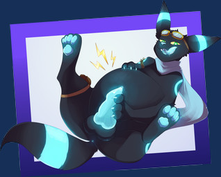 after_vore animal_genitalia animal_penis anus badge balls belly belly_rub big_belly black_body black_fur blue_genitals blue_markings blue_tongue bodily_fluids canine_genitalia canine_penis dripping erection eyewear eyewear_on_head feral fur genital_fluids genitals glowing glowing_genitalia glowing_markings glowing_paws goggles goggles_on_head green_eyes knot knotted_penis licking licking_lips licking_own_lips lightning_bolt lying male markings masturbation on_back pawpads paws penile penile_masturbation penis precum precum_drip saliva saliva_on_tongue satchel scarf solo tongue tongue_out vore raattled nintendo pokemon ambris_(budzisfun) canid canine eeveelution generation_2_pokemon mammal pokemon_(species) shiny_pokemon umbreon absurd_res alpha_channel hi_res