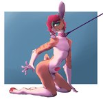 animal_genitalia anthro balls bodily_fluids butt collar drooling ear_piercing femboy genitals hair leash leash_pull male nervous nervous_smile nude penis piercing pink_collar pose saliva sheath simple_background small_penis solo tail mistythemist lagomorph leporid mammal rabbit detailed hi_res shaded