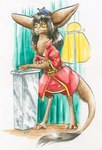 anthro barefoot belt brown_body brown_fur brown_hair clothing coat feet female fur hair red_clothing red_coat red_topwear solo standing topwear yellow_eyes cervelet out-of-placers kassen_akoll ivenmoth mammal yinglet 2016 hi_res