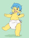anthro baby blue_body blue_fur blue_hair bodily_fluids bubblegum_(cuddlehooves) canid canine canis clean_diaper clothed clothing cuddlehooves diaper diaper_only domestic_dog drooling fur hair hi_res male mammal multicolored_body multicolored_fur on_one_leg open_mouth saliva solo standing teeth topless two_tone_body two_tone_fur wearing_diaper yellow_body yellow_fur young young_anthro young_male