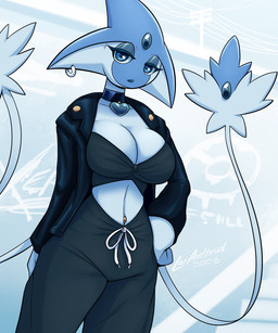 2_tails biped blue_body blue_eyes breasts cleavage clothed clothing collar ear_piercing ear_ring eyelashes eyeshadow female forehead_gem gem glistening_eyelids half-closed_eyes lips long_eyelashes makeup mouth_closed multi_tail narrowed_eyes navel navel_piercing piercing pokemorph pupils ring_piercing solo standing tail ventral_groove white_sclera latiar nintendo pokemon maple_(latiar) azelf generation_4_pokemon humanoid legendary_pokemon pokemon_(species) 2026 5:6 hi_res signature