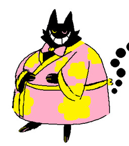 ambiguous_gender anthro asian_clothing belt big_tail black_body black_fur bow_tie clothing east_asian_clothing eyes_closed fur grin hand_on_belly heterochromia japanese_clothing kimono multicolored_clothing obese overweight overweight_anthro simple_background smile solo standing tail two_tone_accessory two_tone_clothing white_background peppermintsrb2 deltarune undertale_(series) friend_(deltarune) domestic_cat felid feline felis mammal digital_media_(artwork) microsoft_paint_(artwork)