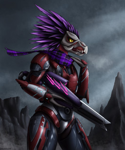 anthro armor avian_caruncle beak claws cloud feather_hair feathered_crest feathers female female_anthro finger_claws grey_body grey_scales gun head_crest holding_gun holding_object holding_ranged_weapon holding_weapon landscape_background needle_rifle outside overcast plaid pseudo_hair pupils purple_body purple_feathers ranged_weapon scales scarf scuted_hands scutes sharp_teeth sky slit_pupils solo standing teeth weapon yellow_eyes fuchsbau49 halo_(series) microsoft xbox_game_studios alien avian kig-yar scalie t'vaoan absurd_res colored hi_res portrait three-quarter_portrait