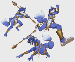 accessory anthro armor bandeau barefoot blue_body blue_fur blue_hair bottomwear breasts choker circlet clothing dipstick_tail eyebrows eyelashes feet female footwear fur green_eyes hair hair_accessory hairband inner_ear_fluff jewelry krystal's_staff loincloth markings necklace sandals shoes shoulder_guards solo staff tail tail_markings topwear tuft vambrace white_body white_fur zeker nintendo star_fox krystal_(star_fox) canid canine fox mammal 2026 absurd_res hi_res