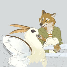 ambiguous_gender anthro black_eyes cheek_tuft claws clothed clothing duo facial_tuft fence feral fur green_clothing hand_under_chin inner_ear_fluff insect_wings leaning_on_object lepidopteran_wings male multicolored_body multicolored_fur neck_tuft open_mouth pawpads paws shirt teeth teeth_showing topwear tuft white_body white_clothing white_fur white_shirt white_topwear wings yellow_body yellow_eyes yellow_fur pawlove-arts grimshire logan_greyson_(grimshire) alpheep_(grimshire) canid canine canis mammal wolf 1:1