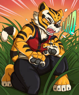 4_fingers 4_toes anthro arm_markings barefoot black_bottomwear black_claws black_clothing black_eyebrows black_inner_ear black_markings black_nose black_pants black_pawpads black_stripes bodily_fluids bottomwear cheek_tuft chest_tuft claws clothed clothed_anthro clothed_female clothing countershade_arms countershade_face countershade_fur countershade_hands countershade_neck countershading dipstick_tail eyebrows eyes_closed facial_markings facial_tuft fangs feet female female_anthro finger_claws fingerpads fingers front_view fully_clothed fully_clothed_anthro fully_clothed_female fur gradient_text grass handpaw head_markings kneeling markings multicolored_body multicolored_fur multicolored_text on_one_knee open_mouth orange_body orange_fur pants pawpads paws pink_tongue plant plantigrade raised_heel red_clothing red_topwear sneeze solo striped_arms striped_body striped_face striped_fur striped_head striped_markings striped_tail stripes tail tail_markings tall_grass teal_text tears teeth text toe_claws toeless_(marking) toes tongue topwear tuft white_body white_countershading white_fur white_markings white_tail_tip white_toes white_tuft yellow_text daigaijin dreamworks kung_fu_panda master_tigress felid mammal pantherine tiger 5:6 full-length_portrait hi_res portrait