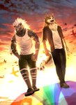 anthro bottomwear clothing detailed_background footwear fur group hair male shirt sky stripes tank_top topwear sky_gomi canid canine canis felid mammal pantherine tiger wolf digital_media_(artwork) hi_res