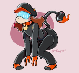 ambiguous_gender anthro beret big_diaper black_bottomwear black_clothing black_hat black_headwear black_pants black_shirt black_tail black_topwear bottomwear brown_ears clean_diaper clothed clothing collar collar_tag crouching diaper diaper_under_clothing dipstick_tail floppy_ears footwear fur glistening glistening_body gloves handwear hat headgear headwear heart_symbol hypnosis hypnotic_visor long_sleeve_shirt markings mind_control orange_clothing orange_collar orange_footwear orange_gloves orange_handwear orange_socks orange_tail_tip pants pink_background shirt simple_background socks solo tail tail_markings tan_body tan_fur text three-quarter_view topwear wearing_diaper wiprogress nintendo pokemon meek_(wiprogress) generation_2_pokemon pokemon_(species) smeargle 2026 artist_name full-length_portrait hi_res portrait signature nonbinary_(lore)