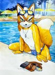 anthro bracelet bulge clothing eyebrows eyewear fur goggles green_eyes jewelry looking_at_viewer male navel nipples orange_body orange_fur solo speedo swimming_goggles swimming_pool swimwear thick_eyebrows ulala_ko nintendo star_fox fox_mccloud canid canine fox mammal hi_res traditional_media_(artwork)