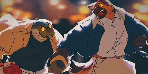 abstract_background anthro arm_grab belt black_clothing black_shirt black_topwear blue_clothing blue_jacket blue_topwear blush blush_lines bouquet brown_body brown_fur closed_smile clothed clothed_anthro clothed_male clothing countershade_face countershade_neck countershading dot_pupils duo eye_contact flesh_fang flower front_view fully_clothed fully_clothed_anthro fully_clothed_male fur green_body holding_bouquet holding_flower holding_object jacket looking_at_another looking_back looking_back_at_another male mouth_closed open_clothing open_jacket open_mouth open_smile open_topwear orange_body orange_fur plant red_tongue running shirt smile tail tan_body tan_clothing tan_countershading tan_fur tan_jacket tan_topwear teeth tongue tongue_showing topwear white_clothing white_shirt white_topwear yellow_sclera teseirei koda_(teseirei) canid canine canis crocodilian domestic_dog german_shepherd herding_dog mammal pastoral_dog reptile scalie 3:1 digital_drawing_(artwork) digital_media_(artwork) half-length_portrait hi_res portrait three-quarter_portrait