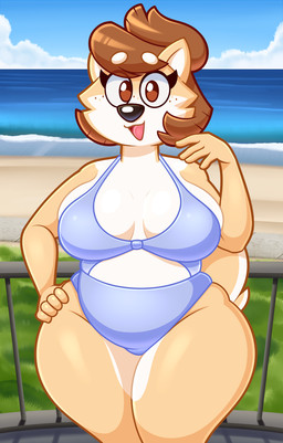 anthro beach belly big_breasts breasts brown_hair circle_eyebrows clothing cutout eyebrows female freckles hair mature_female one-piece_swimsuit outside railing seaside short_hair slightly_chubby smile solo swimwear thick_thighs toony wide_hips acstlu corgetta canid canine canis domestic_dog herding_dog mammal pastoral_dog welsh_corgi digital_media_(artwork) hi_res