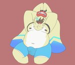 anthro belly bulge clothing detailed_bulge fur hair hair_over_eyes hands_behind_head hat headgear headwear long_ears male moobs navel nipples overweight overweight_male ponytail_ears sleeping solo underwear yellow_body yellow_fur lxzylux bandai_namco digimon angoramon digimon_(species) lagomorph leporid mammal rabbit hi_res