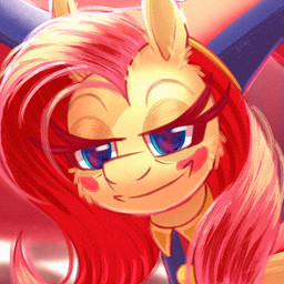 annoyed blue_eyes blush blush_stickers clothing eyebrows eyelashes female feral fool's_hat fur hair hat headgear headwear jester pink_hair smile solo unusual_eyes yellow_body yellow_fur candy_meow candymeow333 friendship_is_magic glitch_productions hasbro my_little_pony the_amazing_digital_circus fluttershy_(mlp) pomni_(tadc) equid equine mammal hi_res