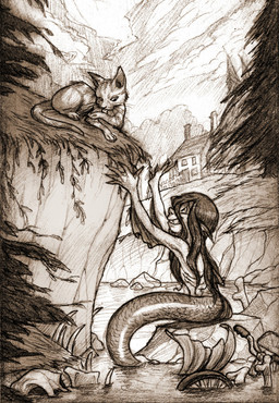 ambiguous_gender arm_fin bicycle black_hair bone creek detailed_background duo ear_fins female feral fin fish_tail fur gills hair long_hair long_tail looking_at_another looking_down looking_up messy_hair narrowed_eyes pointy_ears quadruped sharp_teeth skeleton slim smile split_form striped_body striped_fur stripes tail teeth torso_gills unimpressed vehicle whiskers young leviticusr unnamed_character aquatic domestic_cat felid feline felis humanoid mammal merfolk traditional_media_(artwork)