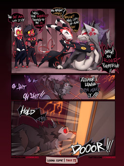 2_horns anthro black_clothing black_hair black_legwear black_thigh_highs clothing cross-popping_vein dialogue elevator eyelashes feral fluffy fluffy_tail freckled_face freckles fur gloves grey_body grey_fur grey_hair hair handwear horn legwear long_eyelashes motion_lines multicolored_body multicolored_fur office red_body red_sclera running_away spade_tail speech_bubble stockings tail text thigh_highs tuft two_tone_body two_tone_fur white_body white_eyes white_fur white_hair yellow_sclera conditional_dnp loonanudes hellaverse helluva_boss mythology blitzo_(helluva_boss) loona_(helluva_boss) millie_(helluva_boss) moxxie_(helluva_boss) vortex_(helluva_boss) canid canid_demon canine demon hellhound imp mammal mythological_canine mythological_creature 2025 3:4 comic english_text hi_res