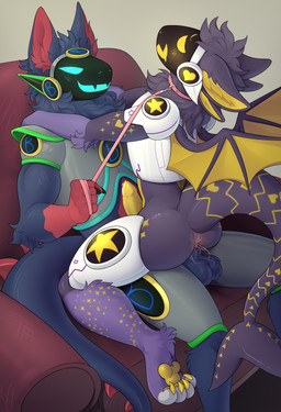 ambiguous_fluids anal anal_penetration animal_genitalia anthro armor balls blue_body blue_fur canine_genitalia claws collar duo fur furniture genitals jewelry knot looking_at_viewer looking_pleasured machine male male/male neck_tuft necklace on_sofa pawpads penetration penis purple_body purple_fur red_body red_fur red_penis sitting sitting_on_another sitting_on_sofa sofa submissive tuft visor wings yellow_body yellow_fur yellow_pawpads yellow_penis yellow_wings amaranta fox_becket pipu_(protogen) canid canine mammal protogen absurd_res hi_res