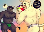 anthro ball beach_ball big_muscles bulge butt clothing detailed_bulge duo greek_flag horn inflatable looking_at_viewer looking_back looking_back_at_viewer male muscular muscular_male slightly_chubby speech_bubble speedo sunset swimwear text toragoru european_mythology greek_mythology minotaur_hotel mythology asterion_(minotaur_hotel) storm_(minotaur_hotel) bovid bovine mammal minotaur english_text