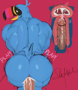 all_fours anal anal_penetration anal_uterus anthro back_muscles beak big_butt big_penis blue_body blue_feathers bodily_fluids butt cum cum_in_ass cum_inside duo feathers first_person_view genital_fluids genitals huge_butt internal looking_at_viewer looking_back looking_back_at_viewer male male/male male_penetrated male_penetrating male_penetrating_male male_pov mascot muscular muscular_anthro muscular_male penetration penile penile_penetration penis penis_in_ass plap sex tail uterus freeposers_(artist) froot_loops kellogg's toucan_sam avian bird toucan hi_res