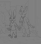 anthro building duo ears_up female grey_background group hand_holding hand_size_difference male necktie public simple_background smile street tggeko disney zootopia judy_hopps nick_wilde canid canine canis fox lagomorph leporid mammal mouse murid murine rabbit red_fox rodent true_fox wolf monochrome sketch