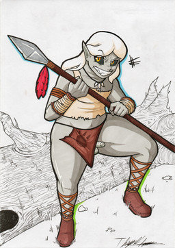 balls clothed clothing erection genitals grey_body grey_skin holding_object holding_weapon humanoid_pointy_ears male melee_weapon not_furry penis pointy_ears polearm simple_background small_penis solo spear weapon white_background rotten_owl humanoid orc absurd_res hi_res traditional_media_(artwork)
