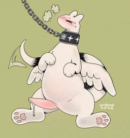 3_toes animal_genitalia animal_penis blush bodily_fluids bound breath chain chained chained_collar cloacal_penis collar cum feathered_wings feathers feet feral genital_fluids genitals green_background grey_collar handpaw hindpaw leash looking_pleasured male monotone_body monotone_feathers monotone_tail monotone_wings narrowed_eyes pawpads paws penis pink_pawpads pink_penis semi-anthro simple_background sitting solo sweat tail tail_motion tailwag tapering_penis text toes white_body white_feathers wings birdpaw_(artist) mythology dragon mythological_creature mythological_scalie scalie 2025 artist_name dated digital_drawing_(artwork) digital_media_(artwork) full-length_portrait hi_res portrait