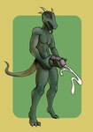 anthro balls bodily_fluids cum ejaculation genital_fluids genitals green_body green_skin holding_balls horn male masturbation penis simple_background solo tongue tongue_out yellow_eyes kartavipirate reptile scalie snake absurd_res hi_res