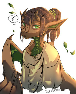 accessory anthro belly brown_body brown_hair brown_horn claws clothing corset female glistening glistening_body green_eyes hair hair_accessory horn light lingerie looking_at_viewer ribbons ring scales shirt solo tail teeth tired topwear wings varakaska mythology dragon mythological_creature mythological_scalie scalie absurd_res hi_res