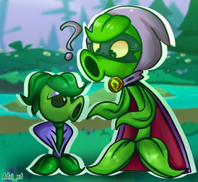 black_eyes black_sclera blue_mask cape clothing duo eyelashes eyeshadow female flower green_body green_hair hair hood leaf leaf_arms leaf_hair leaf_legs makeup not_furry outside plant plant_hair pseudo_hair purple_cape purple_clothing purple_eyeshadow purple_hood question_mark river siphon_(anatomy) text three-quarter_view tree white_eyes yellow_sclera adri_xd electronic_arts plants_vs._zombies plants_vs._zombies_3 plants_vs._zombies_heroes popcap_games green_shadow echo_pea elemental_creature flora_fauna peashooter_(pvz) 2026 artist_name colored digital_media_(artwork) shaded spanish_description