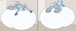 anthro belly big_belly blue_clothing blue_hair blue_shirt blue_topwear bottomwear butt clothing denim denim_bottomwear denim_clothing female gloves hair handwear huge_belly jeans overweight pants shirt simple_background solo topwear virus-20 wendy_wolf_(virus-20) canid canine canis mammal wolf 2023 hi_res