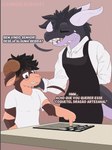 anthro dialogue duo eyewear glasses male male/male menu restaurant simple_background size_difference tail text waiter armorlessgoat mythology duke_(armorlessgoat) kolev_of_astora bovid caprine dragon goat mammal mythological_creature mythological_scalie scalie cel_shading hi_res portuguese_text shaded translated